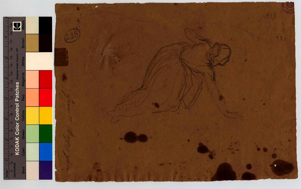 Donna chinata in atto di cogliere qualcosa/ Nudo virile, figura femminile chinata | nudo maschile (disegno) di Hayez, Francesco (metà sec. XIX)