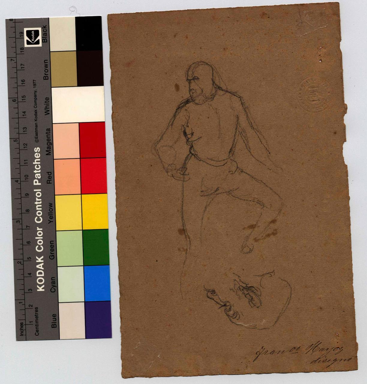 Uomo in costume quattrocentesco all'impiedi e profilo di vecchio, figure maschili (disegno) di Hayez, Francesco (metà sec. XIX)