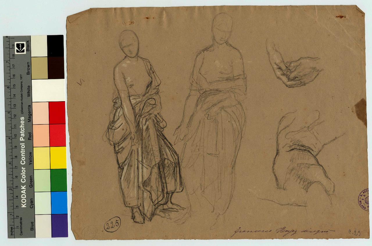 Figure di donne col seno ignudo. Studio di torso e mani/ Studio di donna vista di fianco e testa, figura femminile, torso e mani | figura femminile e testa (disegno) di Hayez, Francesco (metà sec. XIX)