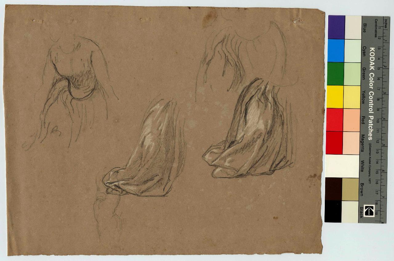 Studi di panneggio di donna seduta ed inginocchiata, figura femminile e panneggio (disegno) di Hayez, Francesco (metà sec. XIX)