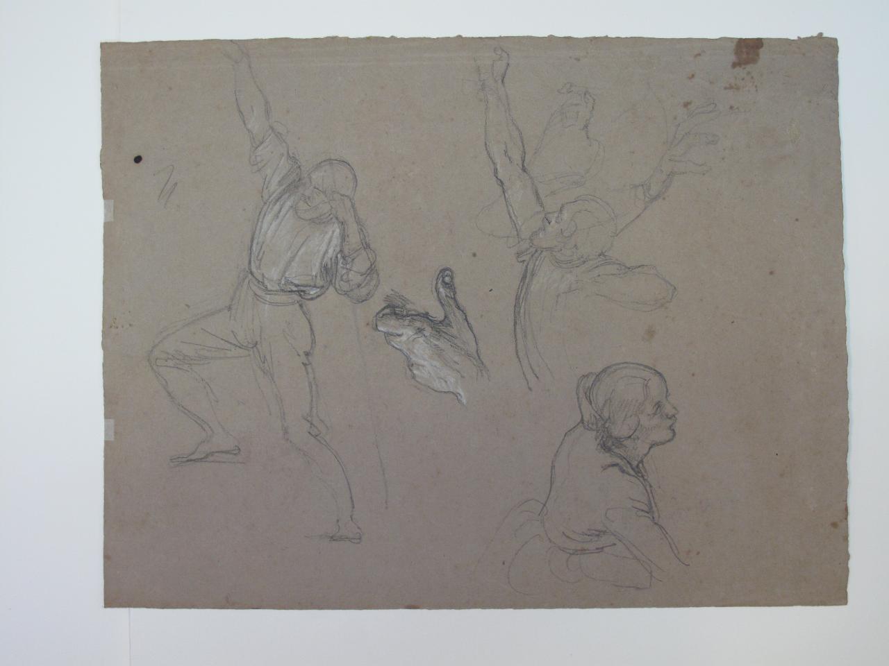 Studi di figure in varie attitudini, figure maschili, figura femminile e mano (disegno) di Hayez, Francesco (metà sec. XIX)