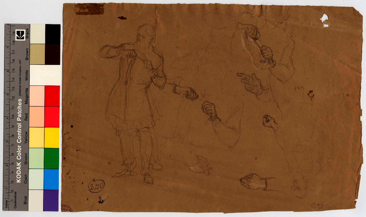 Studio di uomo matura che sta svolgendo una carta. Studio di mani, figura maschile, mani (disegno) di Hayez, Francesco (metà sec. XIX)