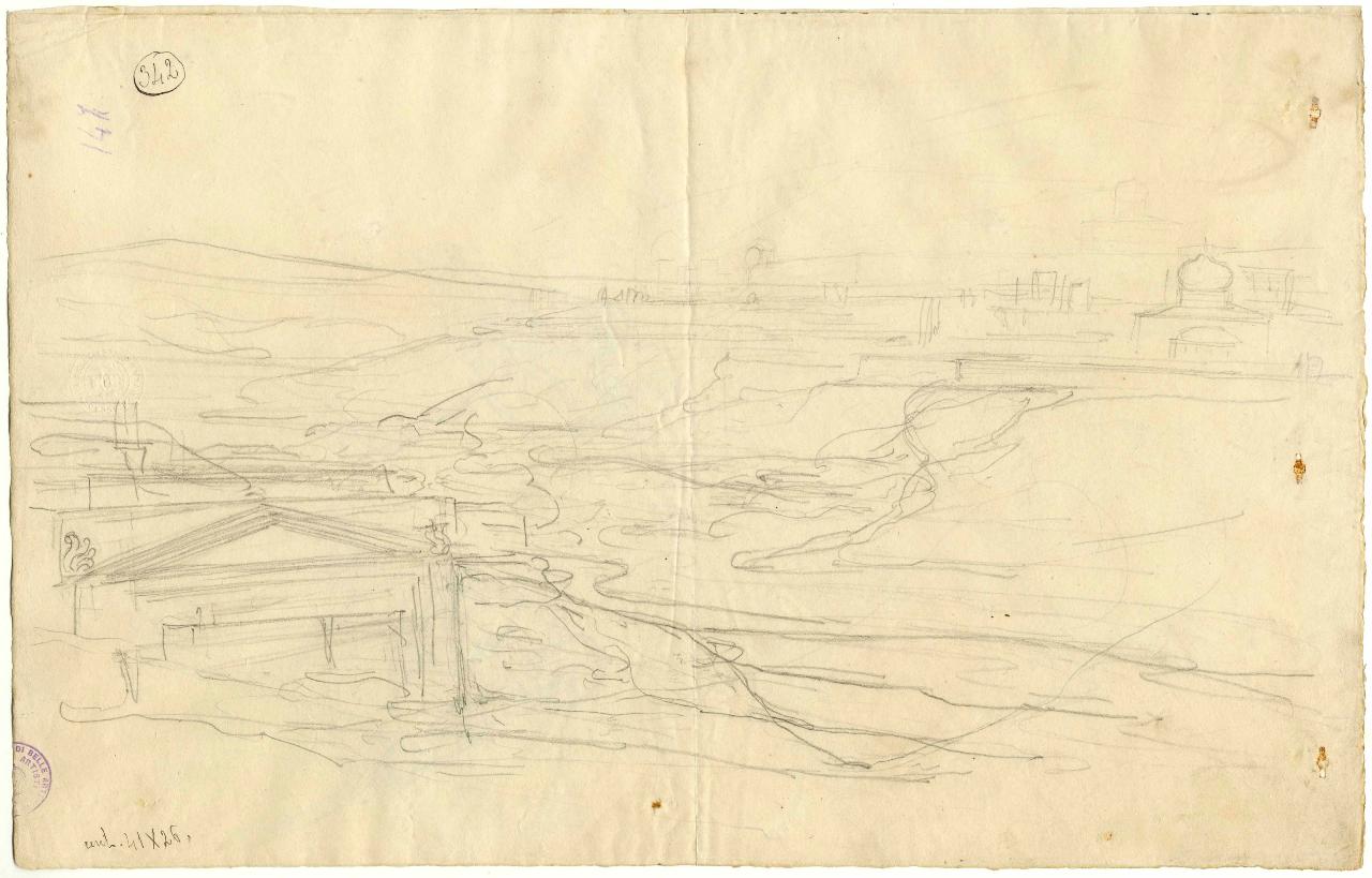 Paesaggio orientale/ Figure di cavalieri, paesaggio | cavalieri (disegno) di Hayez, Francesco (metà sec. XIX)