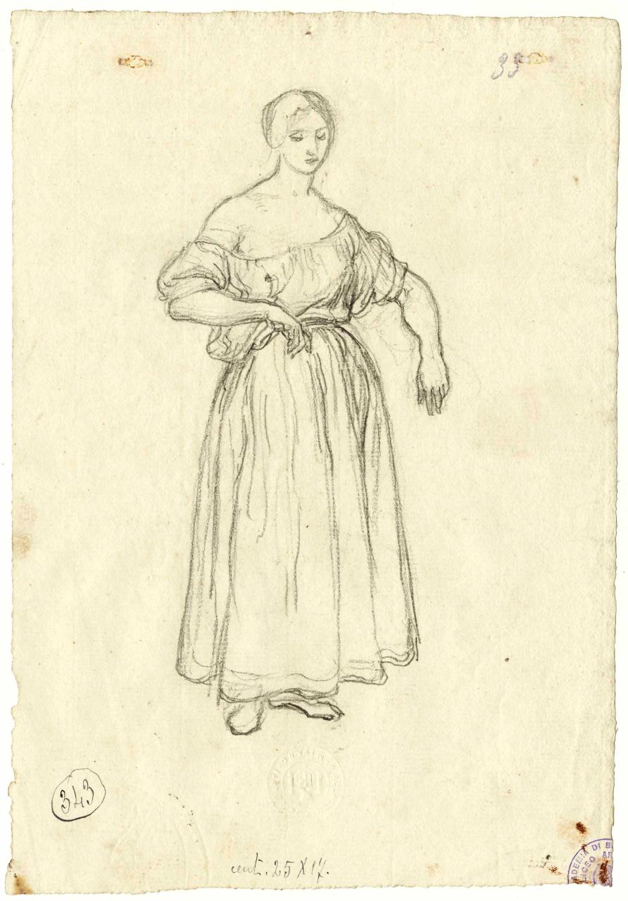 Donna con seno semiscoperto, nudo femminile (disegno) di Hayez, Francesco (metà sec. XIX)