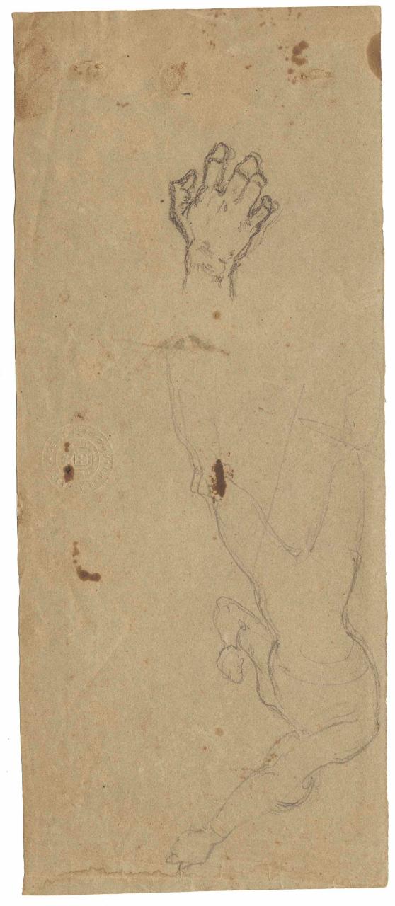 Figura d'uomo all'impiedi (lottatore) e studio di mano, figura maschile, lottatore, mano (disegno) di Hayez, Francesco (metà sec. XIX)