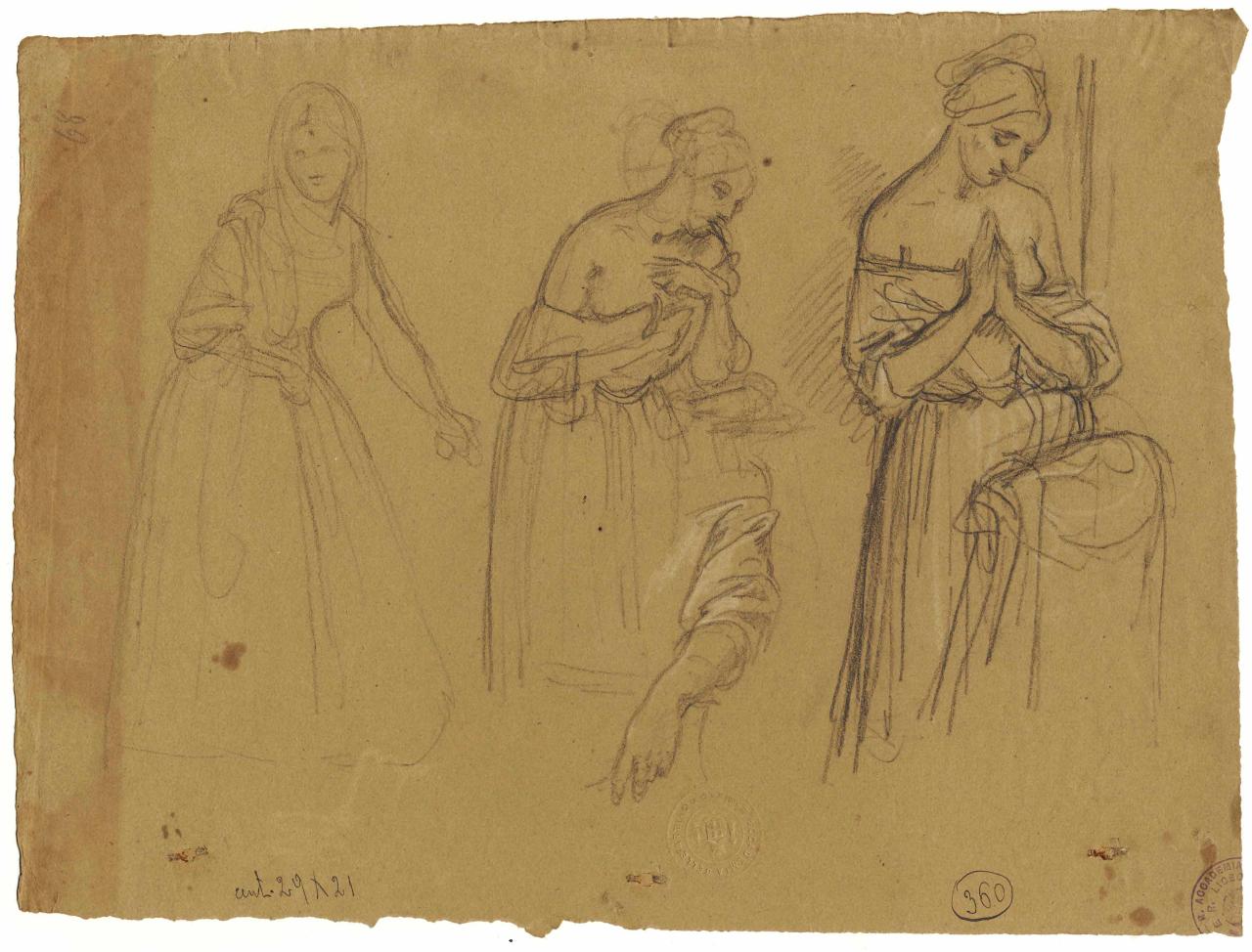 Studi di giovane donna orante/ Studi di panneggio di donna distesa, figura femminile in preghiera | panneggio (disegno) di Hayez, Francesco (metà sec. XIX)