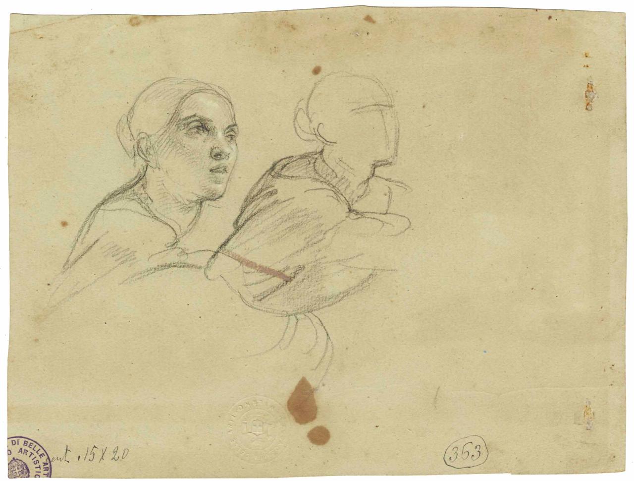 Studi per due teste femminili/ Studio di panneggio, teste femminili | panneggio (disegno) di Hayez, Francesco (metà sec. XIX)