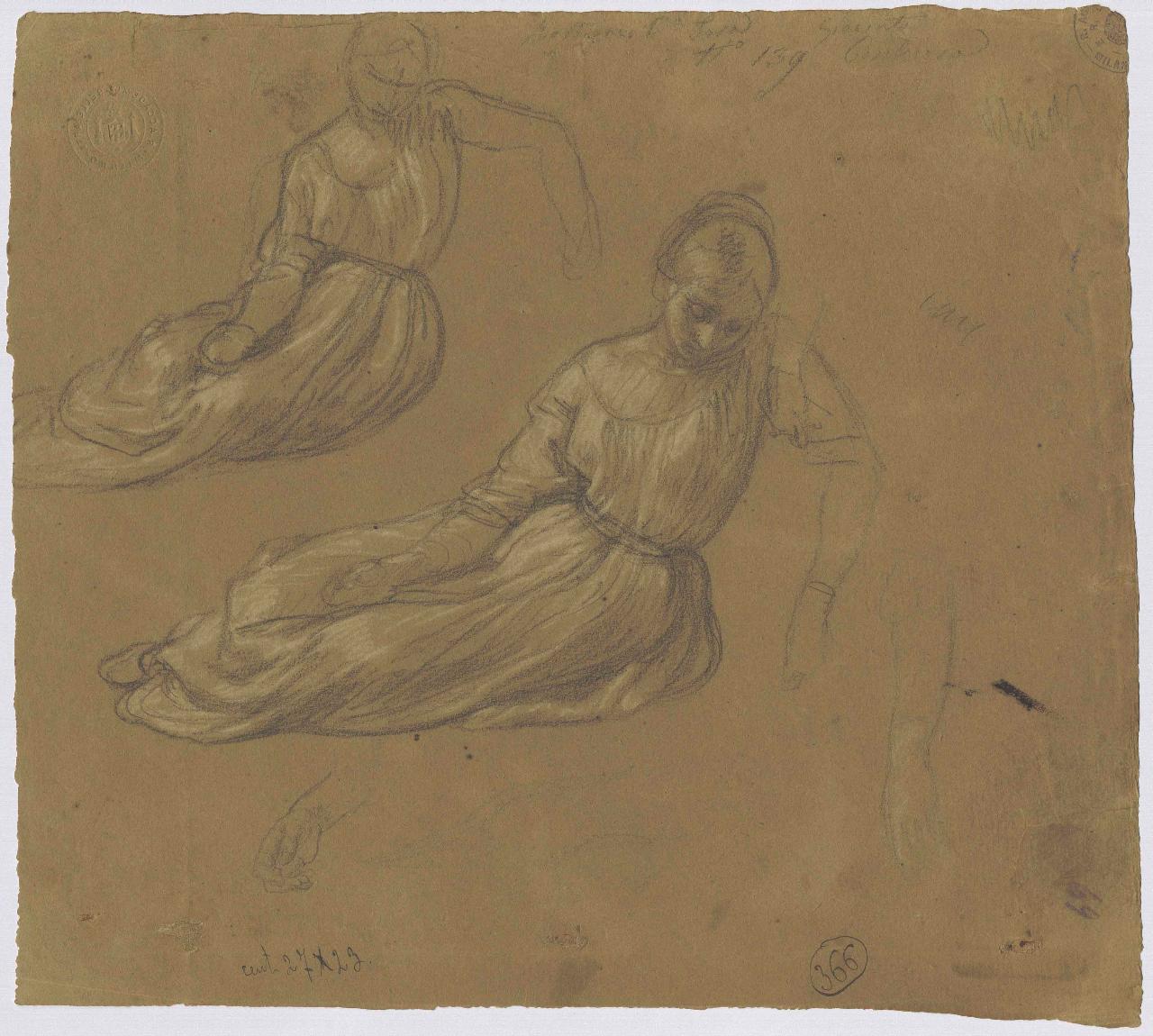 Figura di donna semisdraiata, figura femminile sdraiata (disegno) di Hayez, Francesco (metà sec. XIX)