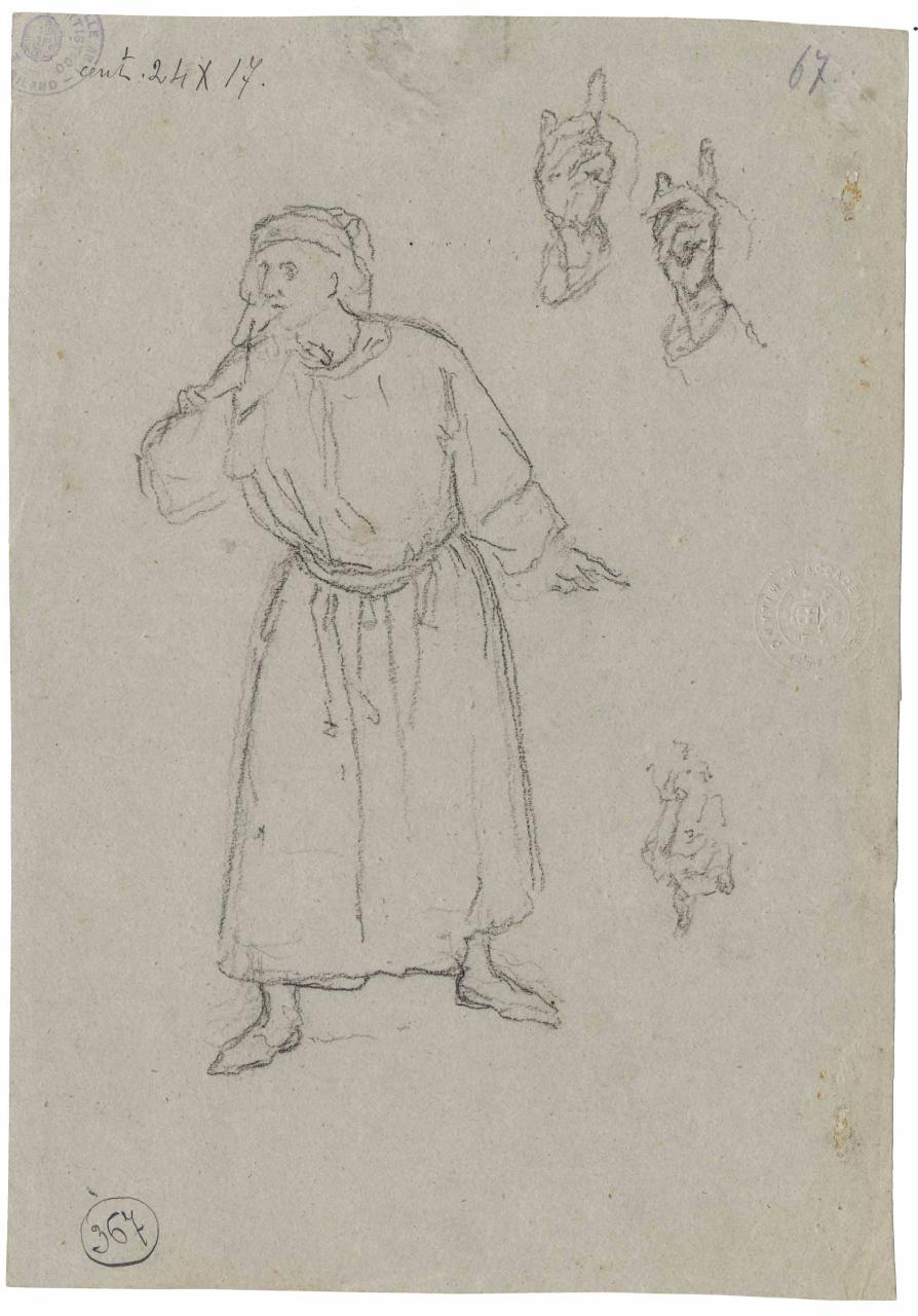 Figura d'uomo in ascolto. Studio di mani/ Studi di figure e mani, figura maschile | figure, mani (disegno) di Hayez, Francesco (metà sec. XIX)