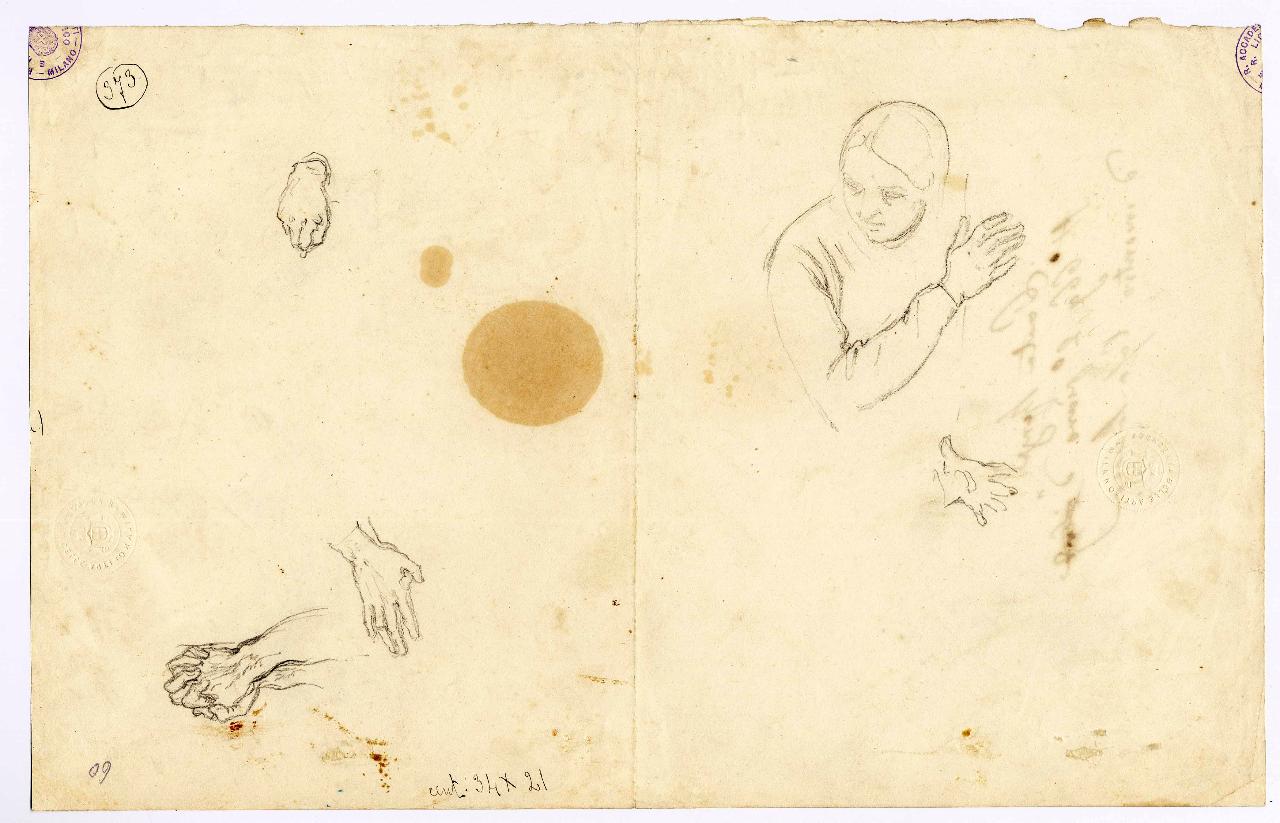 Schizzo di mezza figura femminile e studio di mani/ Studi di mano, figura femminile e mani | mani (disegno) di Hayez, Francesco (metà sec. XIX)