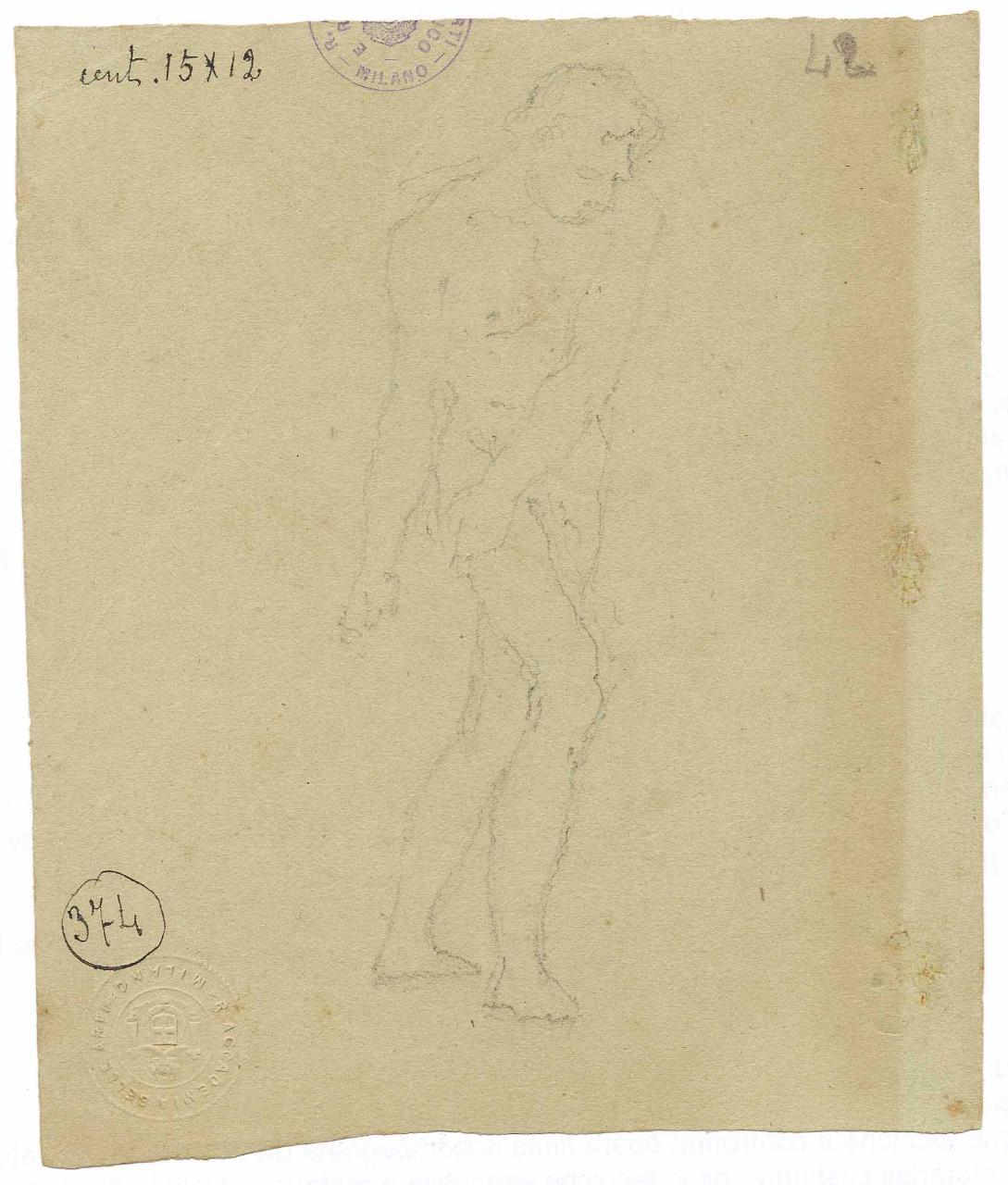 Schizzo di nudo in atto di tirare/ Schizzo di nudo in atto di tirare, nudo maschile | nudo maschile (disegno) di Hayez, Francesco (metà sec. XIX)