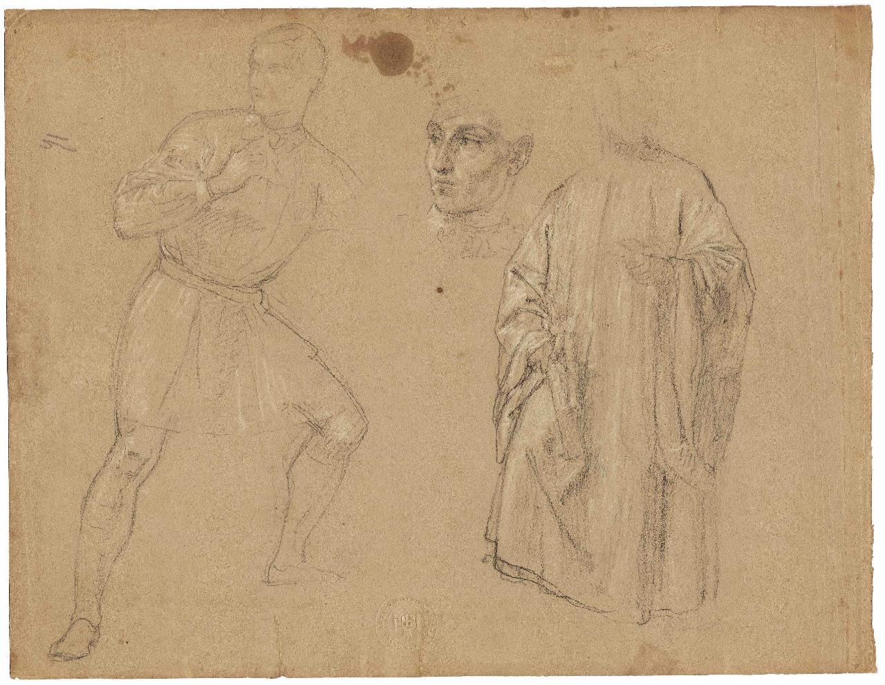 Patrizio, e giovane all'impiedi e testina, figure maschili e testa (disegno) di Hayez, Francesco (metà sec. XIX)