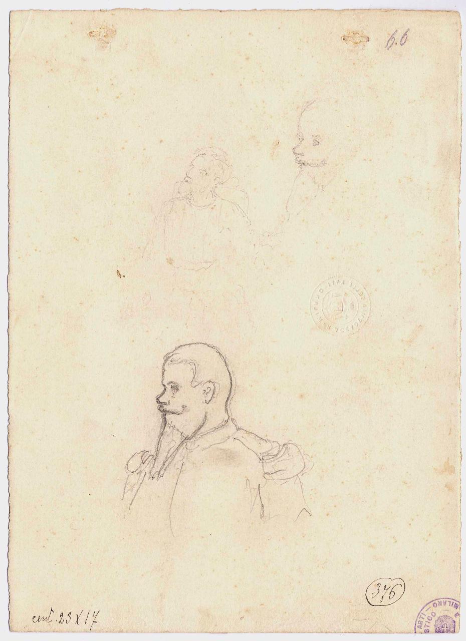 Schizzo di mezza figura di personaggio in uniforme militare ( Vittorio Emanuele II?). Altri schizzi di figura/ Figura di donna, figure maschili | figura femminile (disegno) di Hayez, Francesco (metà sec. XIX)
