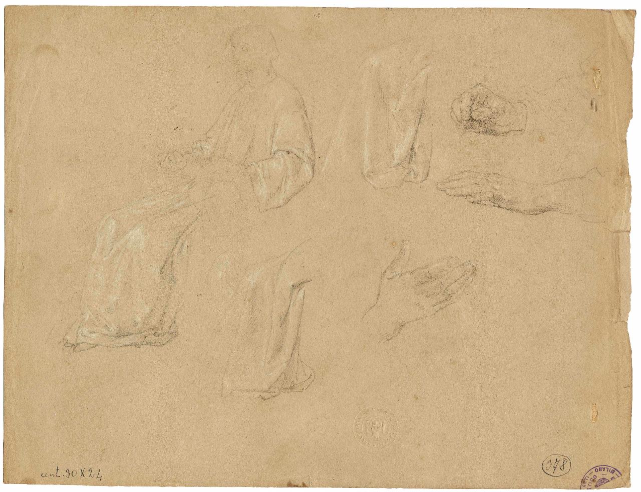 Schizzo di ignudo e mezze figure varie tra cui tre testine di giovane donna, nudo maschile e teste femminili (disegno) di Hayez, Francesco (metà sec. XIX)