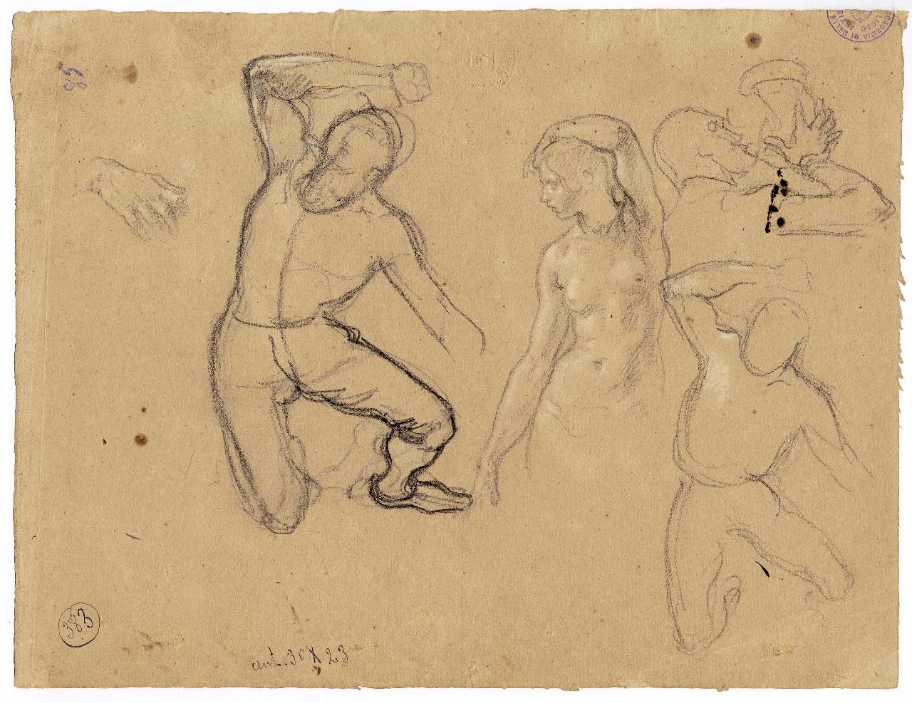 Schizzi di figure varie (un giovane in ginocchio col pugno levato, una ignuda, un uomo che beve. Per la "Sete dei Crociati"), Sete dei Crociati (disegno) di Hayez, Francesco (metà sec. XIX)