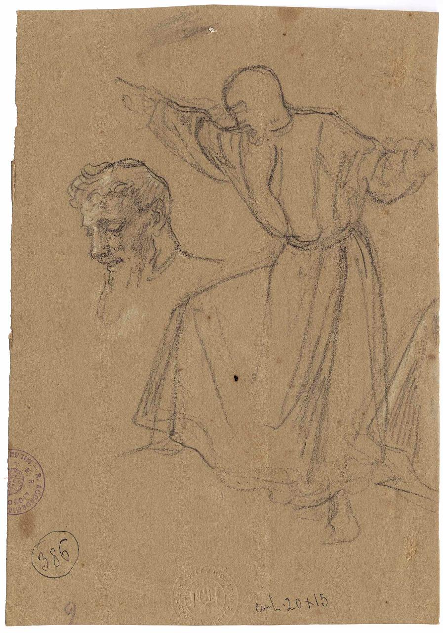 Figura togata all'impiedi e testa virile (Pietro l'eremita), figure maschili (disegno) di Hayez, Francesco (metà sec. XIX)
