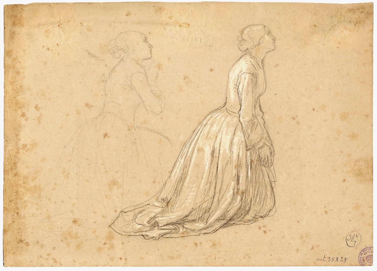 Studio di donna in ginocchio in atto di preghiera. Per l'"Alberico da Romano"/ Vecchio all'impiedi visto di lato, braccia aperte e studi di mani, figura femminile | figura maschile, braccia e mani (disegno) di Hayez, Francesco (metà sec. XIX)