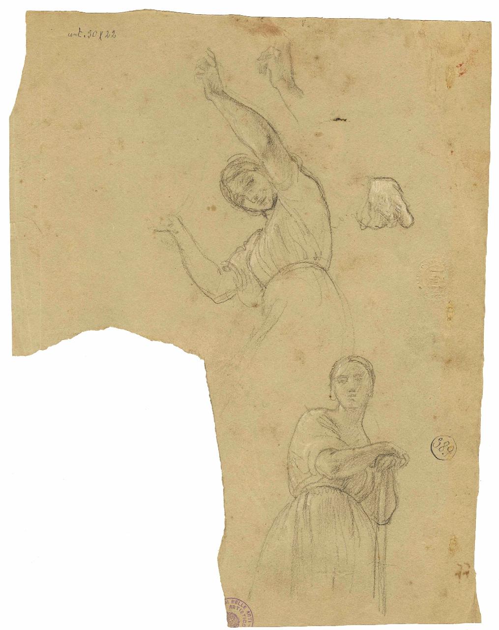 Due mezze figure di donna/ Ignudo orante e schizzi varii, figure maschili | figure maschili (disegno) di Hayez, Francesco (metà sec. XIX)