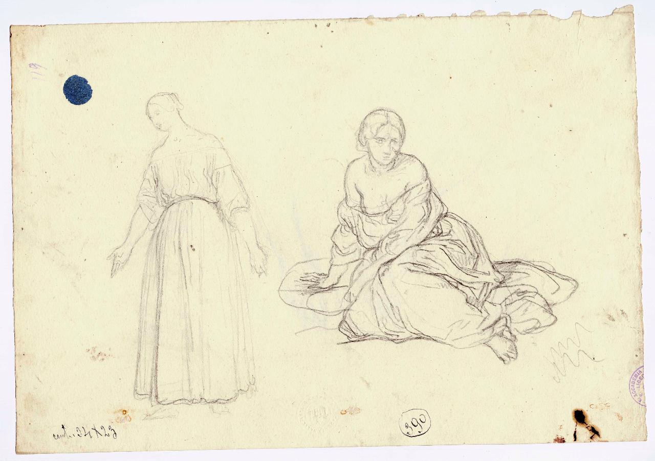 Figure di donne (all'impiedi una l'altra seduta)/ Studi di mani, figure femminili | mani (disegno) di Hayez, Francesco (metà sec. XIX)