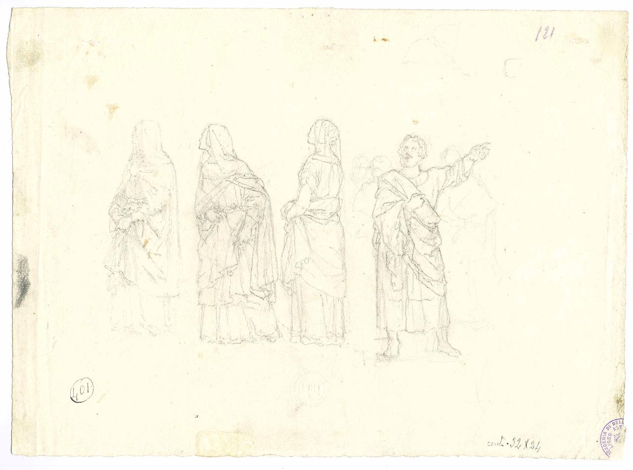 Studi di costumi: donne all'impiedi e uomo in atto di parlare, figure femminili e figura maschile (disegno) di Hayez, Francesco (metà sec. XIX)