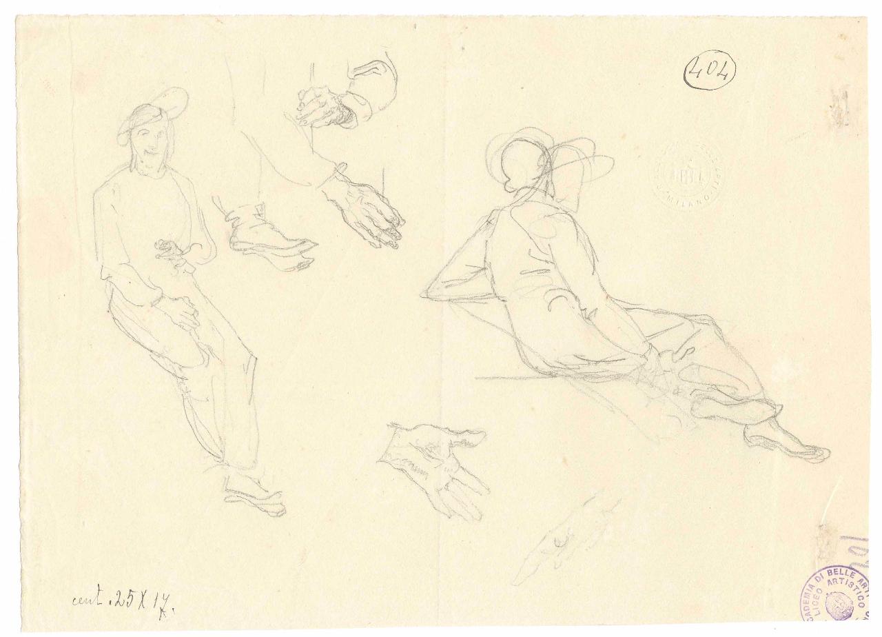 Due figure virili sedute, figure maschili e mani (disegno) di Hayez, Francesco (metà sec. XIX)