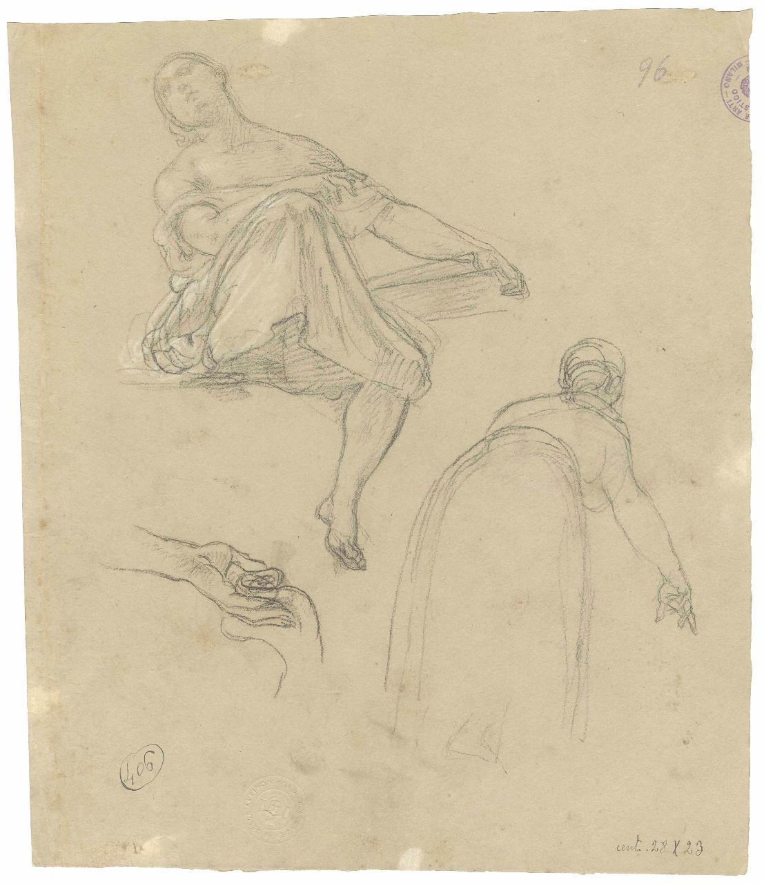 Figure di donne (una seduta a seno semiscioperto, l'altra vista di schiena). Studi di mani, figure femminili e mani (disegno) di Hayez, Francesco (metà sec. XIX)