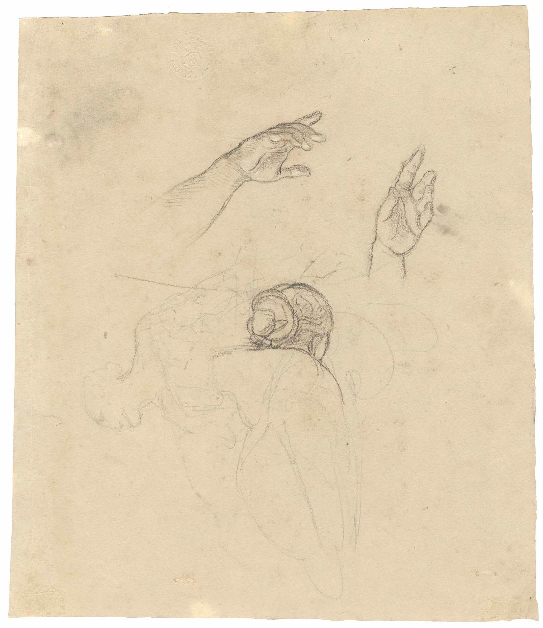 Studio di mani e testina di donna vista da tergo, testa femminile e mani (disegno) di Hayez, Francesco (metà sec. XIX)