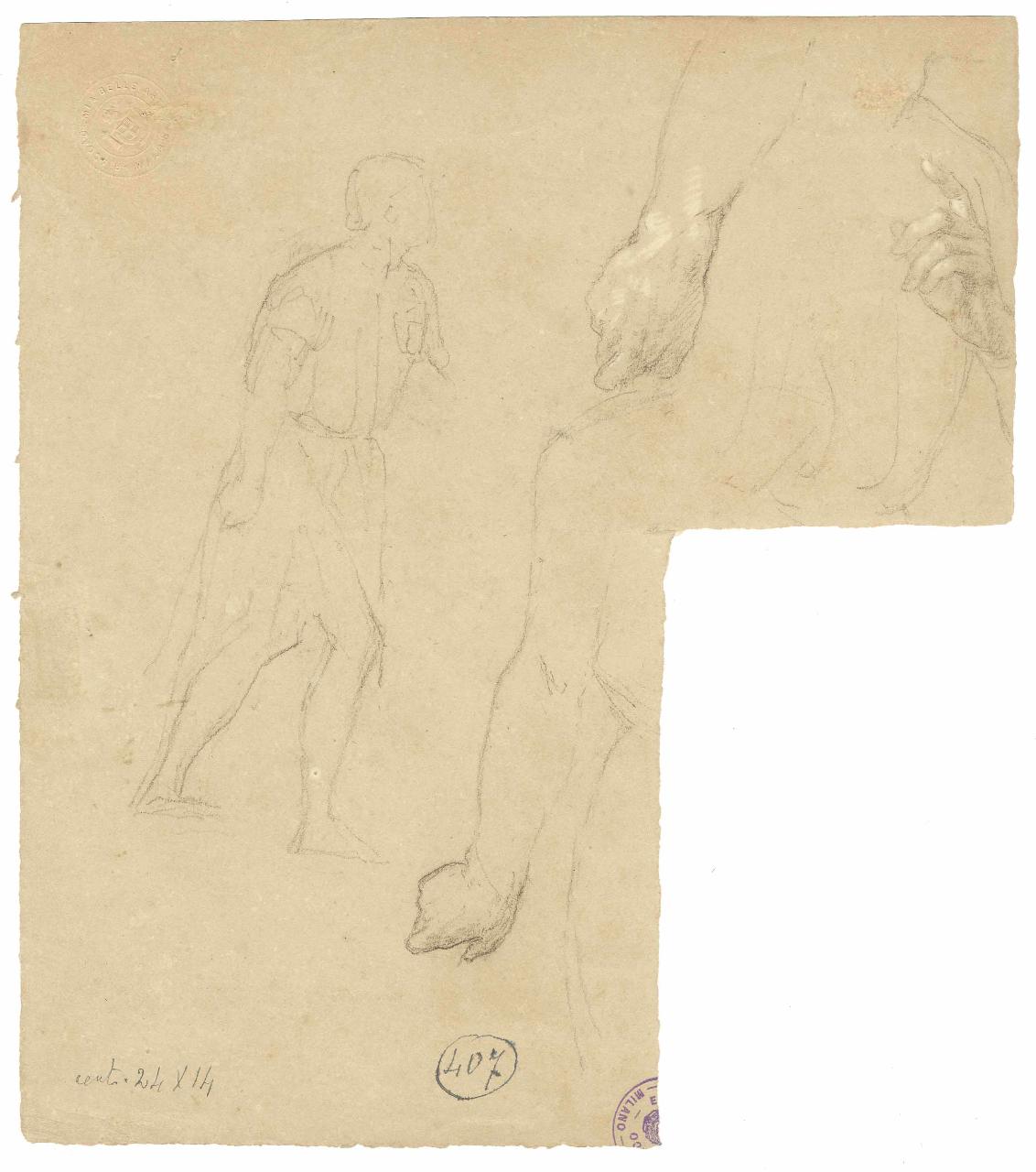 Schizzo di uomo in costume quattrocentesco, braccia e mani/ Schizzo di donna in costume quattrocentesco, braccia e mani, figura maschile, braccia e mani | figura femminile, braccia, mano, testa (disegno) di Hayez, Francesco (metà sec. XIX)