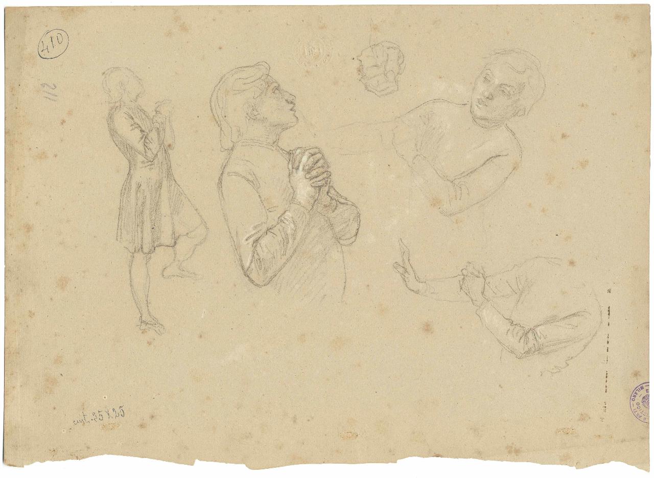 Figura di gentiluomo in atto di preghiera e schizzi varii/ Ignuda acefala, figure maschili | nudo femminile (disegno) di Hayez, Francesco (metà sec. XIX)