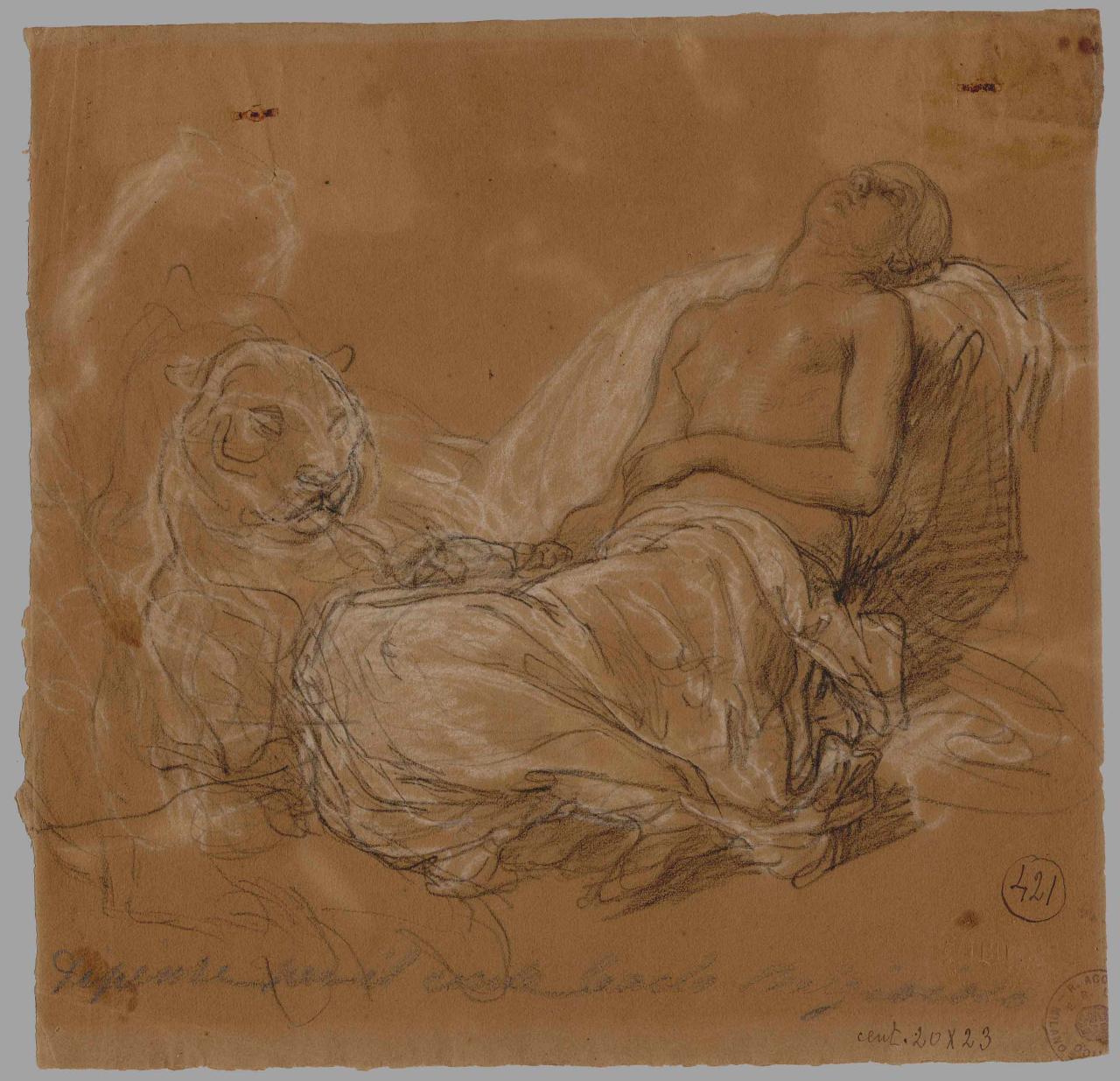 Prima idea per la tela "Le due tigri"/ Studi vari personaggi seduti, Ignudo a mezza figura che beve; panneggi, Le due tigri | figure maschili e panneggio (disegno) di Hayez, Francesco (metà sec. XIX)
