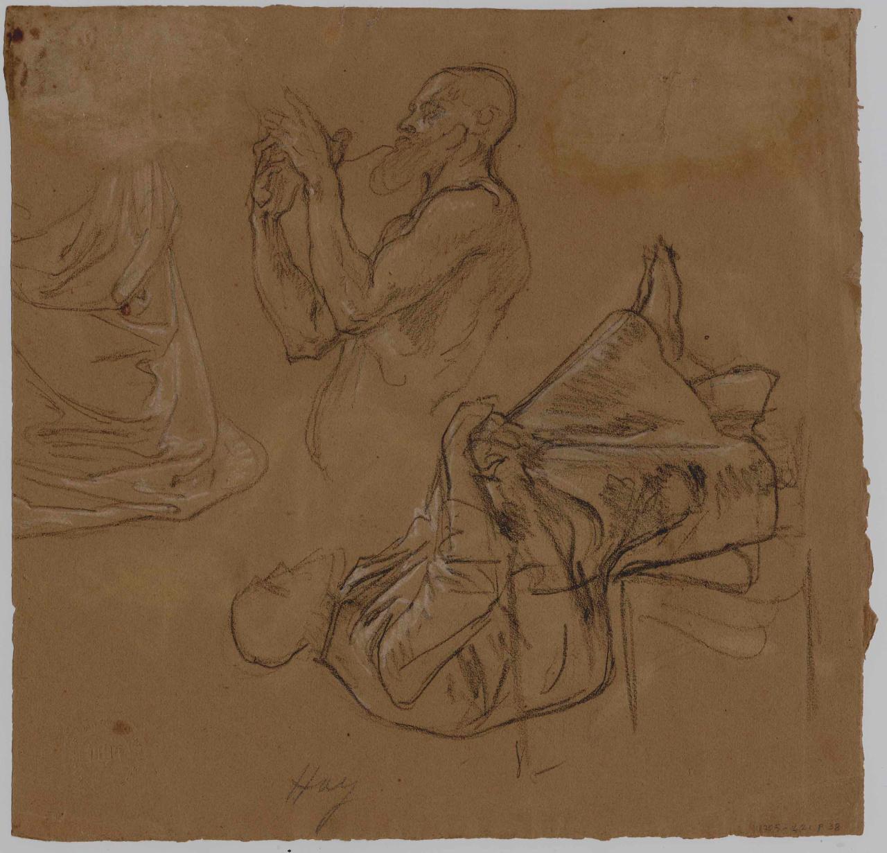 Studi vari personaggi seduti, Ignudo a mezza figura che beve; panneggi, figure maschili e panneggio (disegno) di Hayez, Francesco (metà sec. XIX)