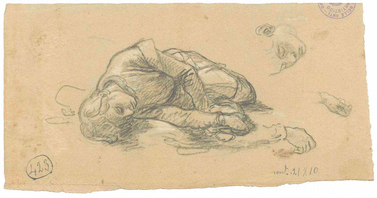 Giovinetto caduto, figura maschile e mani (disegno) di Hayez, Francesco (metà sec. XIX)