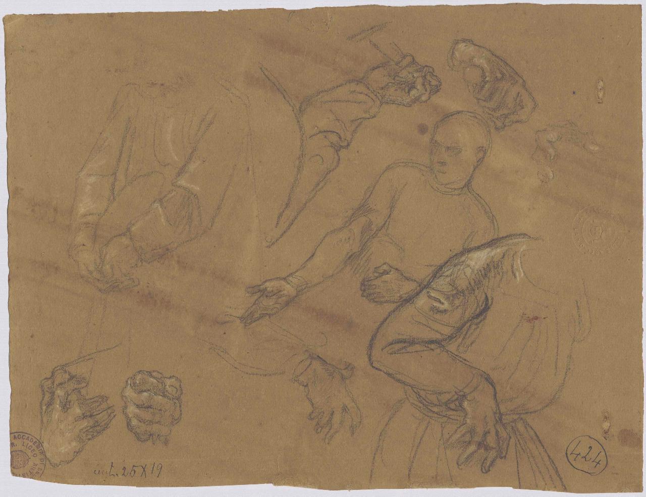 Studi di figura atteggiata e mani, figura e mani (disegno) di Hayez, Francesco (metà sec. XIX)