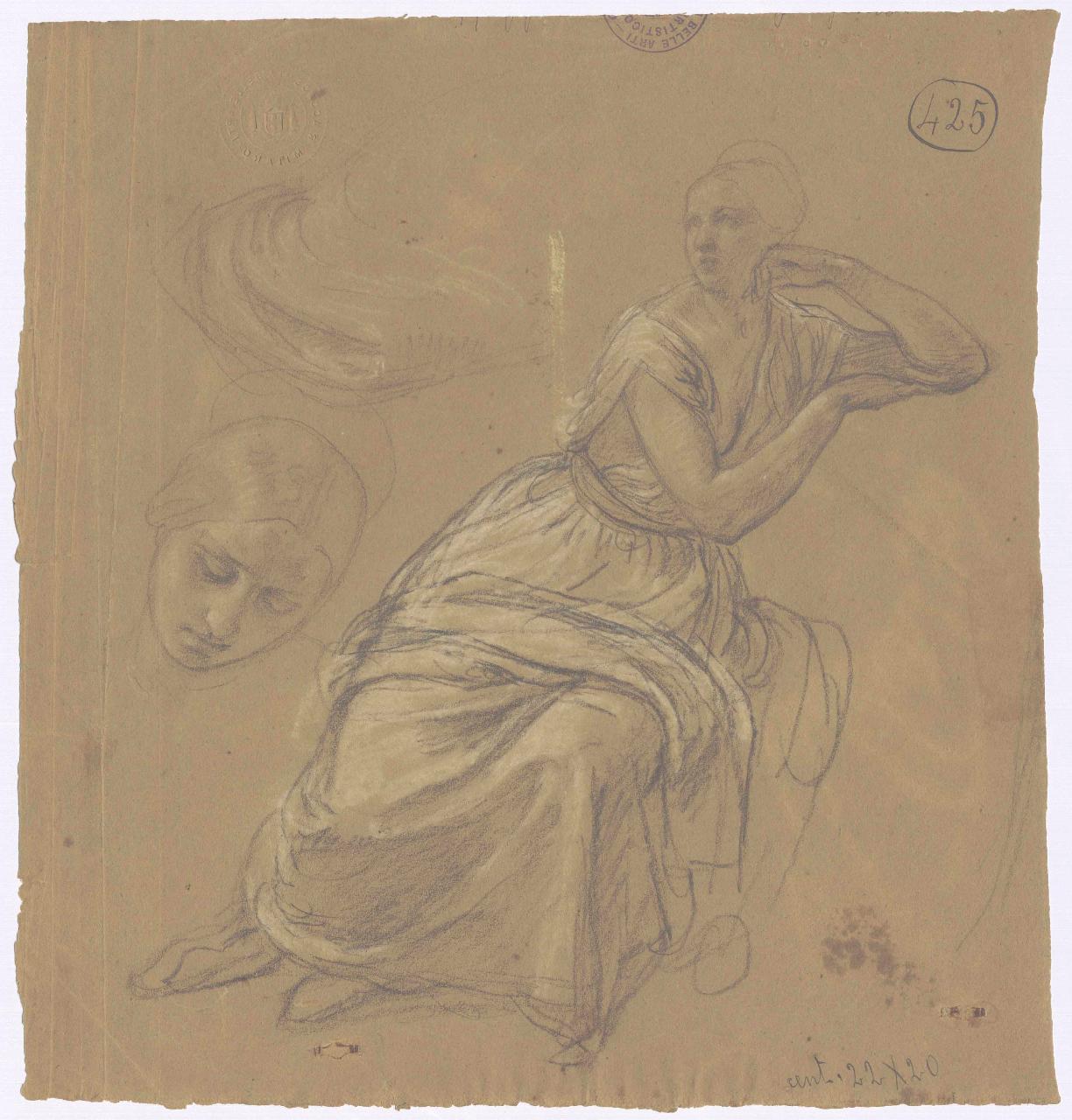 Figura femminile seduta e schizzo di testa/ Figura femminile seduta e studi di mani e teste, figura femminile e testa | figura femminile, mani e teste (disegno) di Hayez, Francesco (metà sec. XIX)