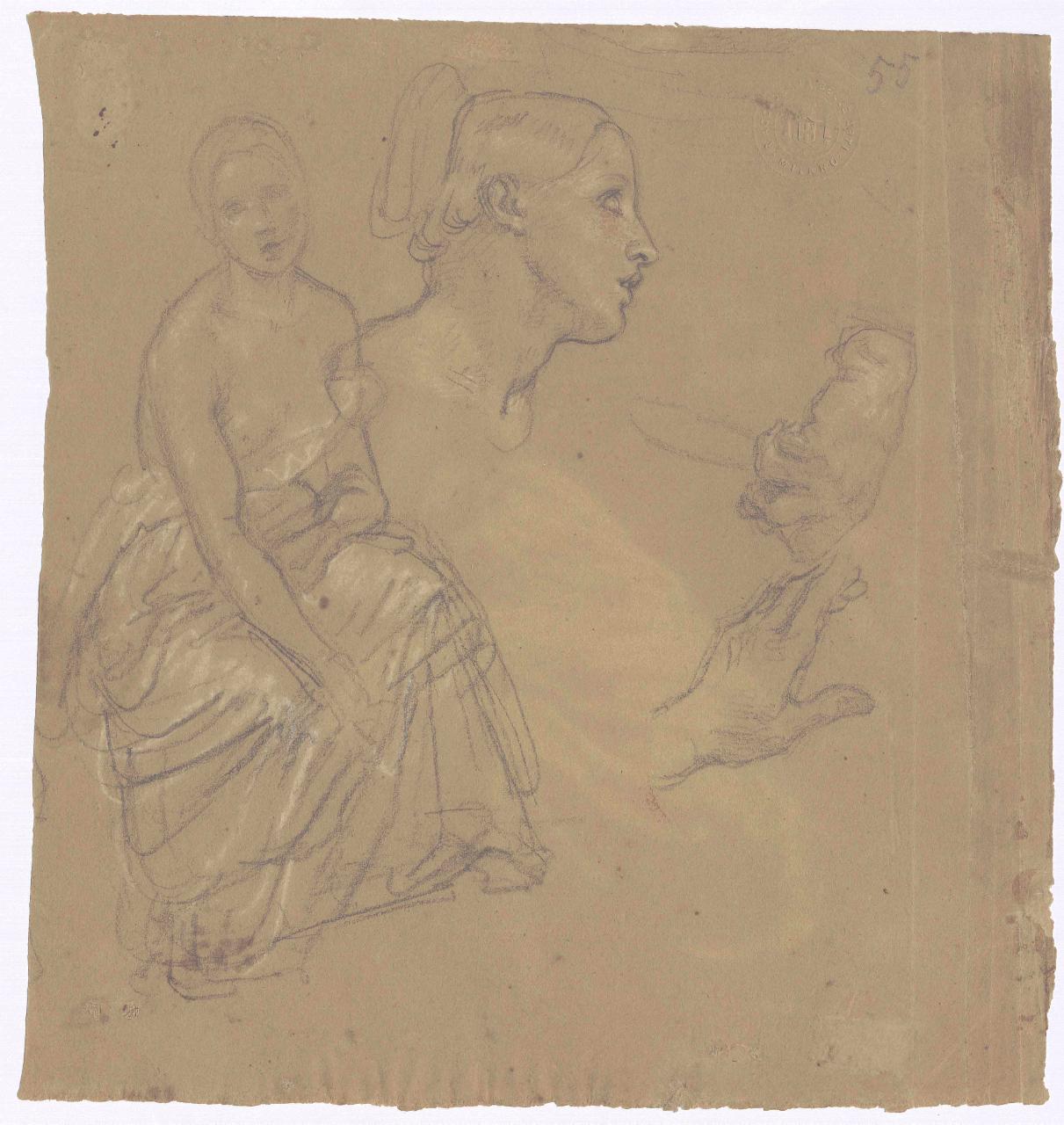 Figura femminile seduta e studi di mani e teste, figura femminile, mani e teste (disegno) di Hayez, Francesco (metà sec. XIX)