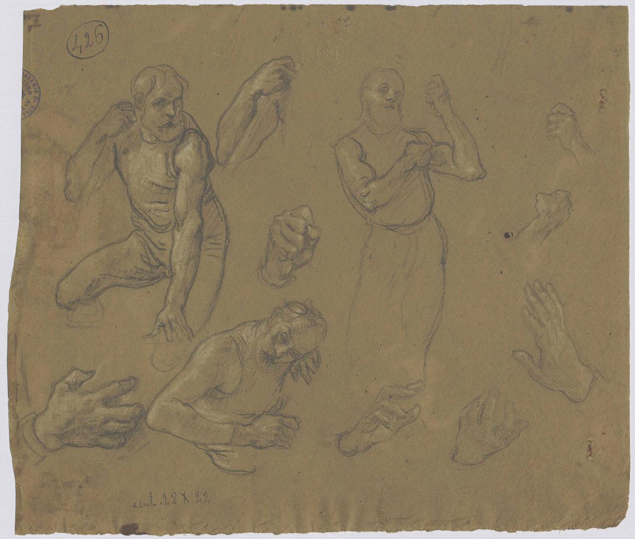 Studi di figure civili in attitudini varie e mani/ Figure maschili varie e figura in atto di offrire, figura femminile, mani e teste | figura maschile (disegno) di Hayez, Francesco (metà sec. XIX)