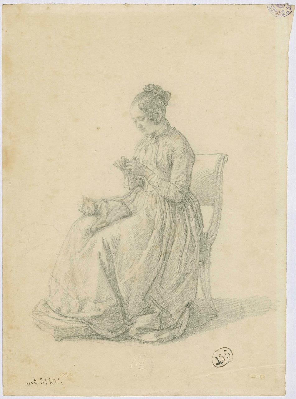 Ritratto della moglie col gatto, ritratto femminile, gatto (disegno) di Hayez, Francesco (metà sec. XIX)