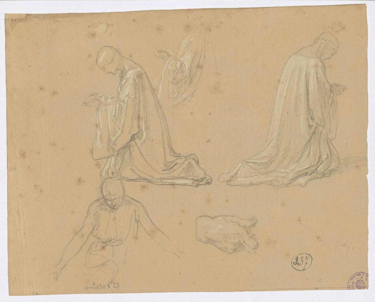 Studi di donne genuflesse preganti, mani e mezza figura virile, figure femminili preganti, mani, mezza figura maschile (disegno) di Hayez, Francesco (metà sec. XIX)