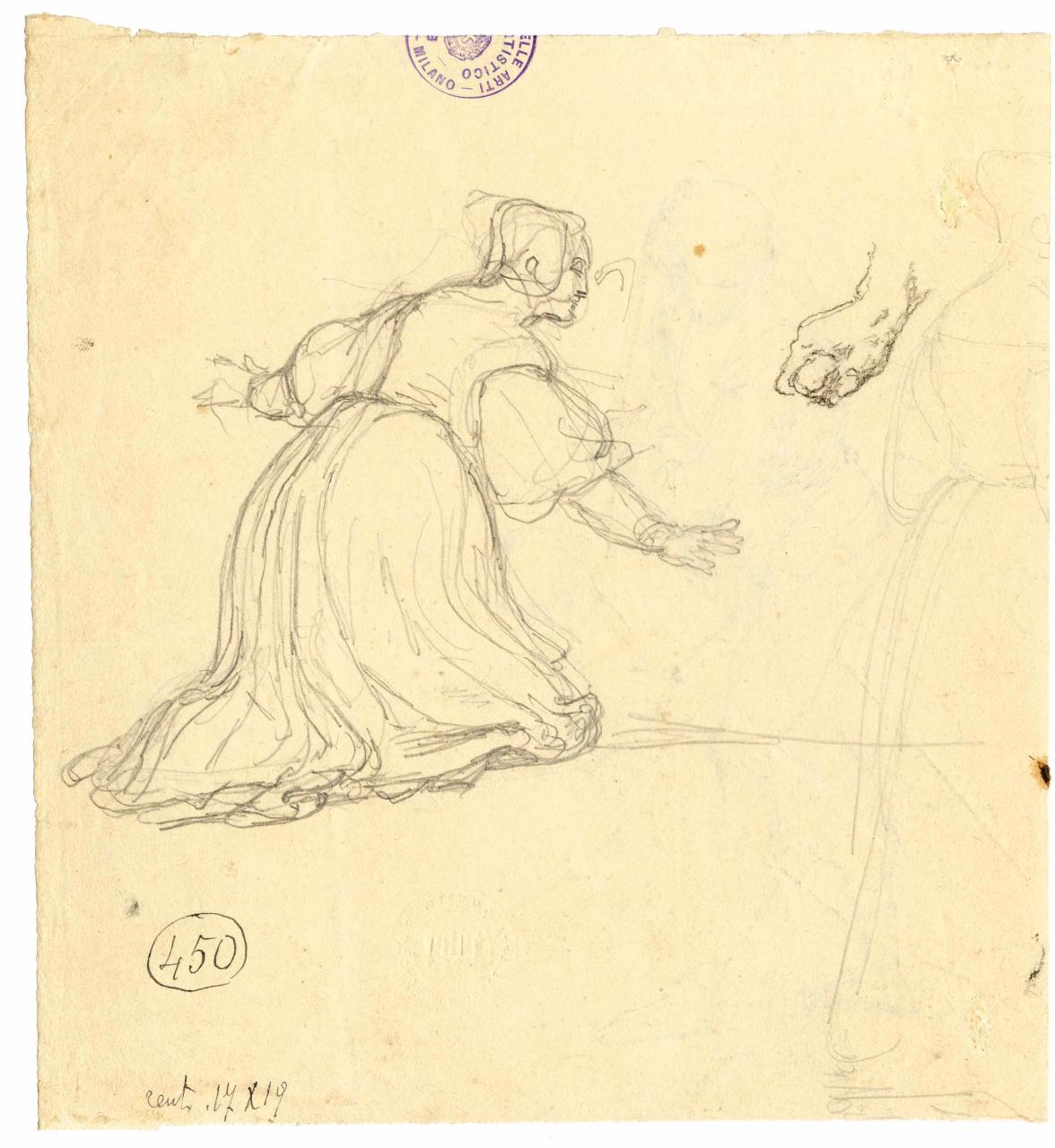 Donna inginocchiata/ Uomo visto di lato, figura femminili in ginocchio | figura maschile di profilo (disegno) di Hayez, Francesco (metà sec. XIX)