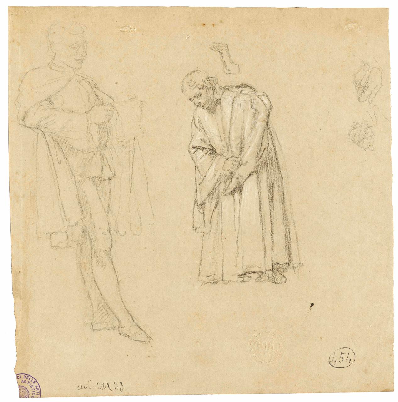 Scena per la "Deposizione di Francesco Foscari"?/ Studio di testa di vecchio e mani, scena storica, Francesco Foscari ?| testa di vecchio, mani (disegno) di Hayez, Francesco (metà sec. XIX)