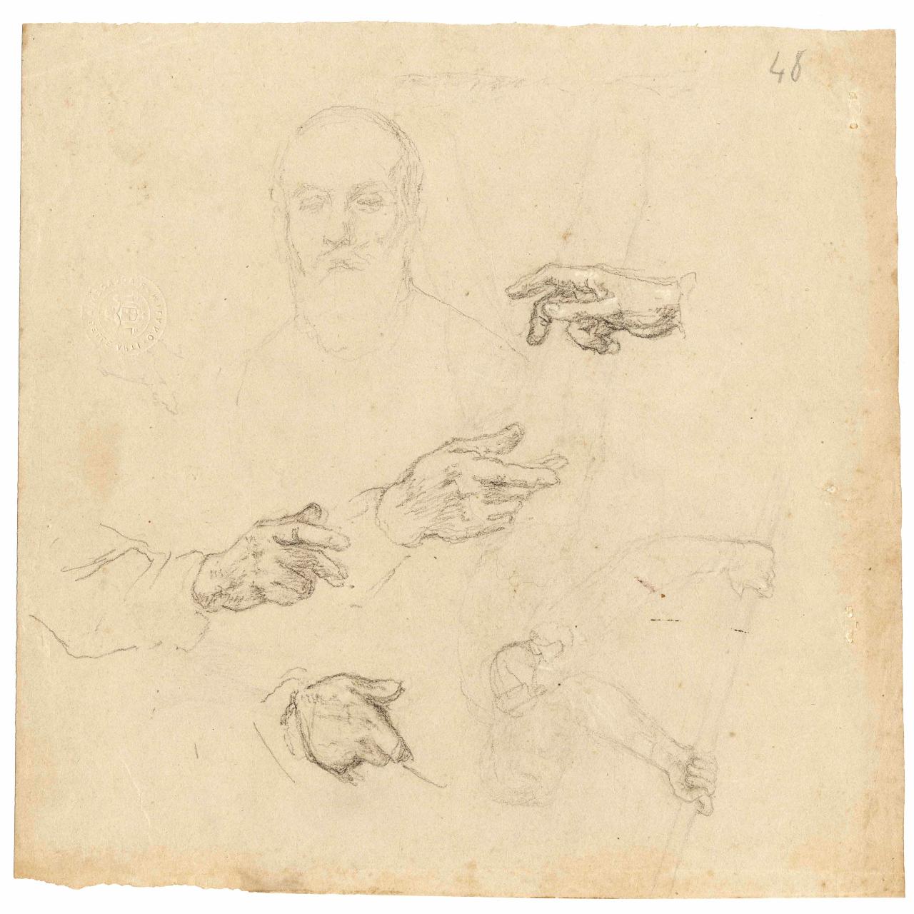 Studio di testa di vecchio e mani, testa di vecchio, mani (disegno) di Hayez, Francesco (metà sec. XIX)