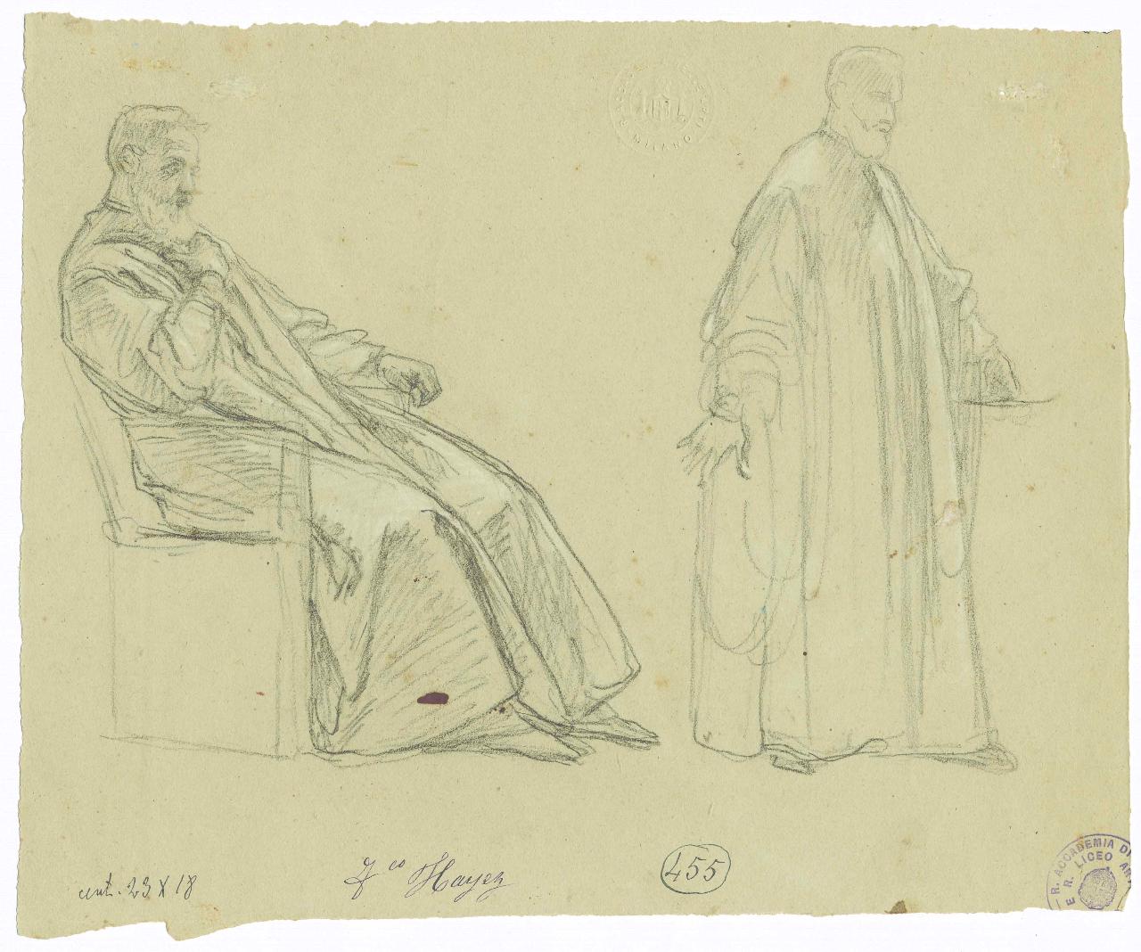 Scena per quadro storico. Patrizio veneziano seduto e lo stesso in piedi/ Ignuda, scena storica, figura maschile seduta e in piedi | Nudo femminile (disegno) di Hayez, Francesco (metà sec. XIX)