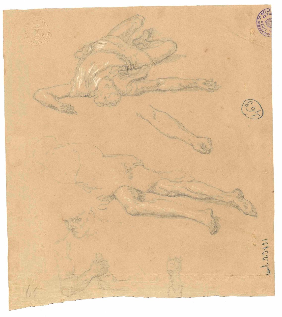 Studio di giovani caduti/ Studi di mani e braccia, figure maschili | mani, braccia (disegno) di Hayez, Francesco (metà sec. XIX)