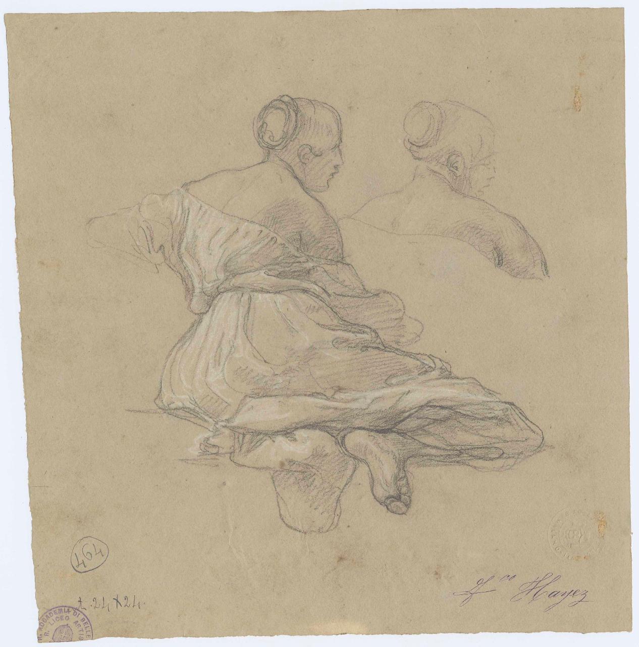 Donna a terra vista di schiena. Schizzo della stessa/ Mezza figura di donna. Prima idea della "Rebecca", figura femminile di schiena | mezza figura femminile, Rebecca (disegno) di Hayez, Francesco (metà sec. XIX)
