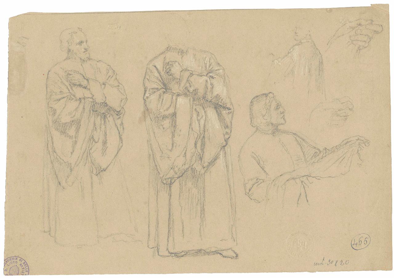 Studi di personaggi veneziani/ Mezze figure di donne oranti e studi di panneggi, figure maschili | figure femminili oranti, panneggio (disegno) di Hayez, Francesco (metà sec. XIX)