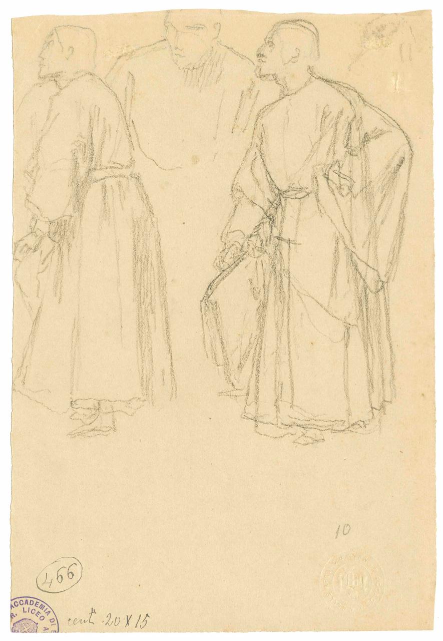 Studi di figure virili all'impiedi/ Figura di caduto in iscorcio e mezza figura virile, figure maschili | figure maschili (disegno) di Hayez, Francesco (metà sec. XIX)