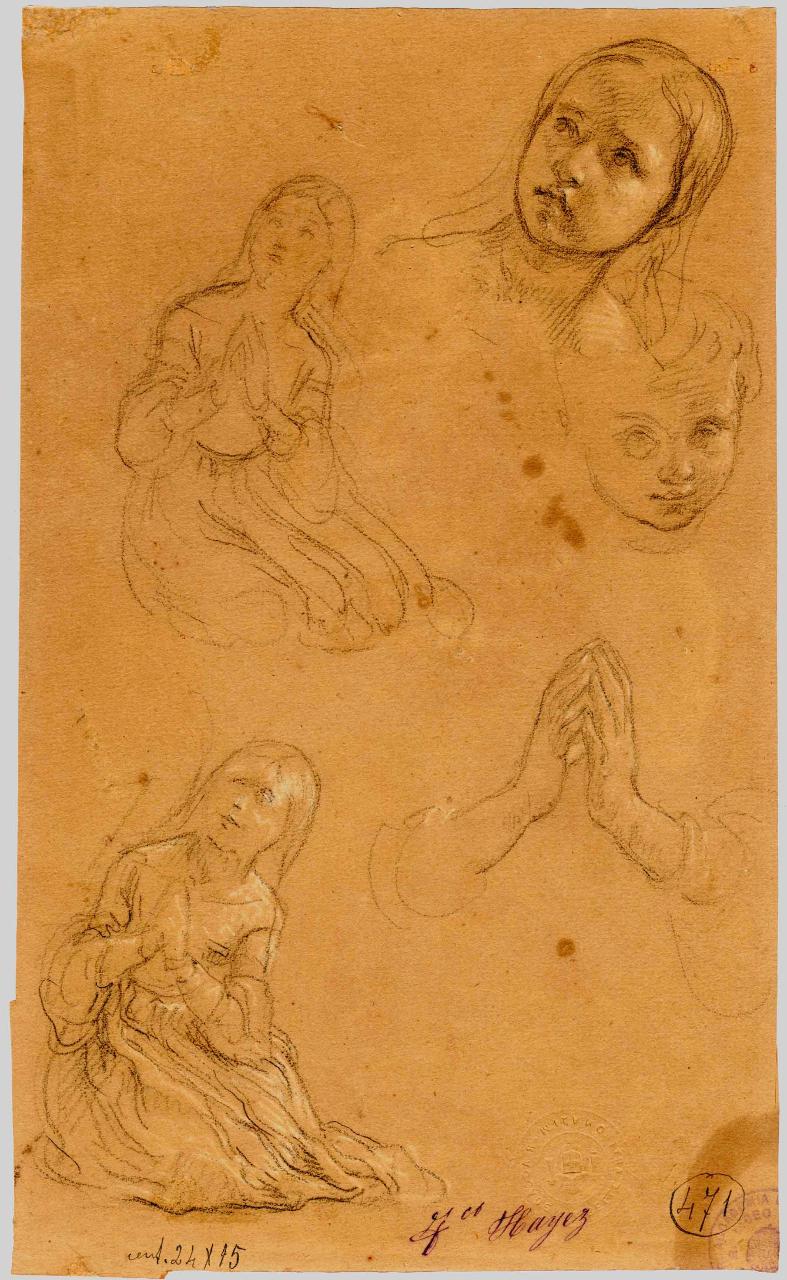 Studio per l'"Alberico da Romano"? (testine di bimbi oranti)/ Studio di vegliardo e arti inferiori di figura, figura maschile, bambini/ figura maschile, vecchio (disegno) di Hayez, Francesco (metà sec. XIX)