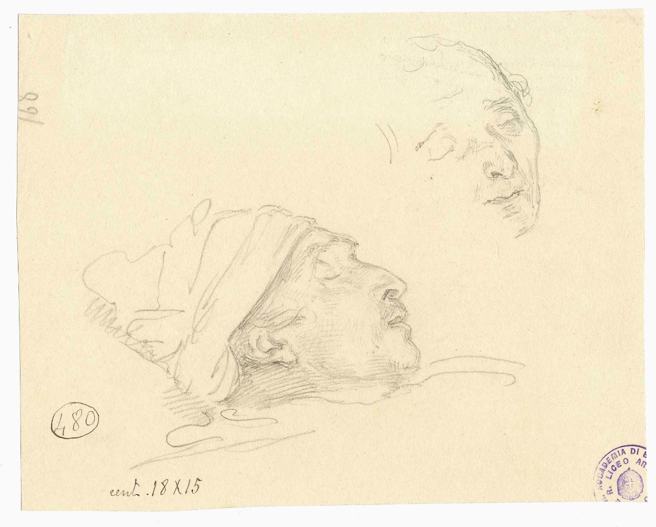 Studio di testa di morto e figurina a lato, testa maschile (disegno) di Hayez, Francesco (metà sec. XIX)