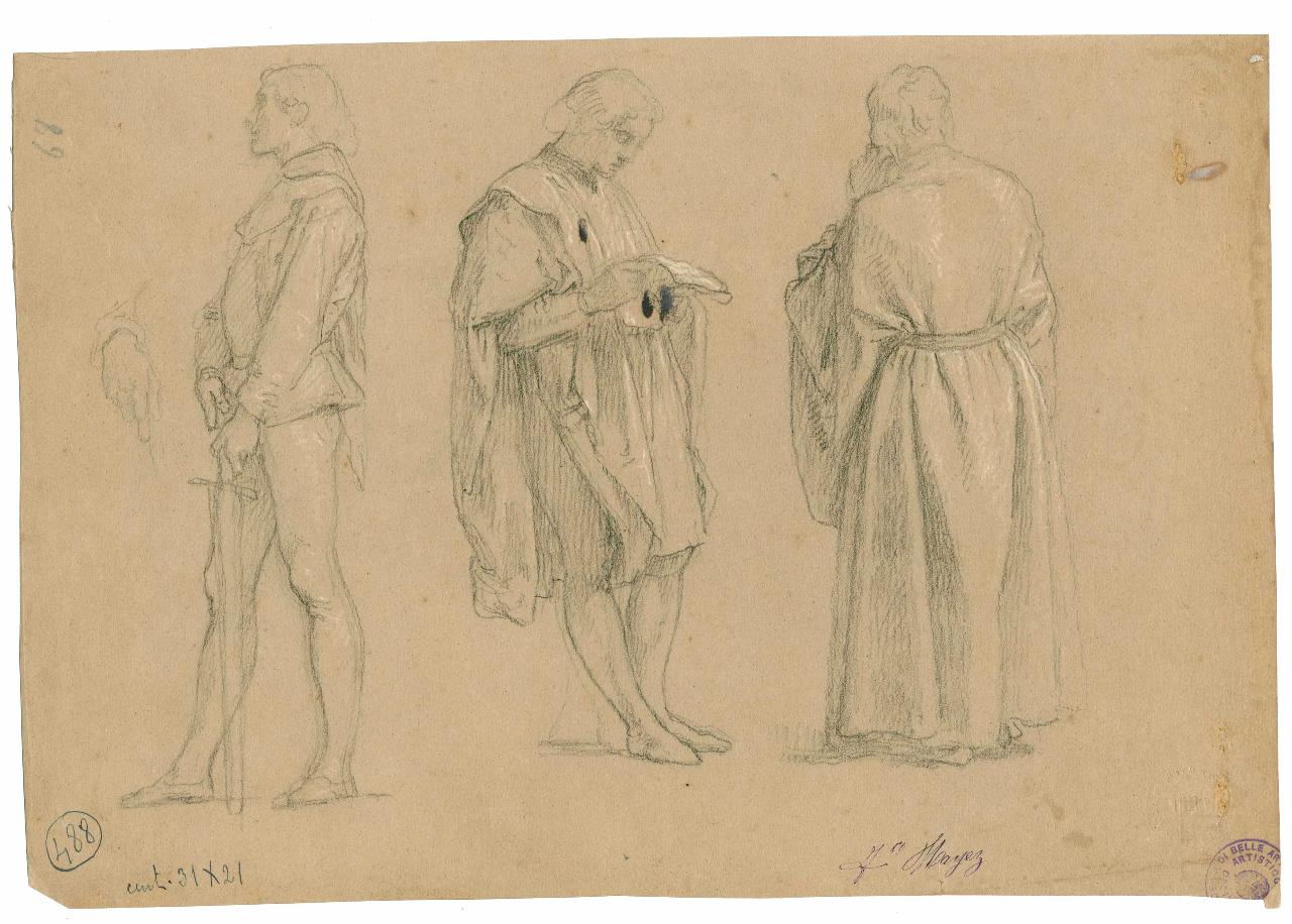 Studi di figure veneziane/ Schizzi varii di teste e panneggi, figure maschili | teste, panneggio (disegno) di Hayez, Francesco (metà sec. XIX)