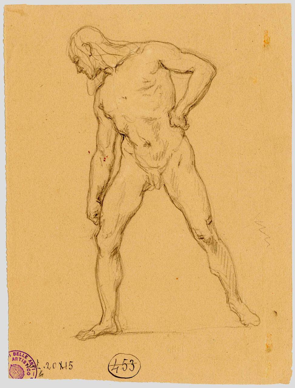Ignudo virile/ Giovane inginocchiato, nudo maschile | figura maschile in ginocchio (disegno) di Hayez, Francesco (metà sec. XIX)